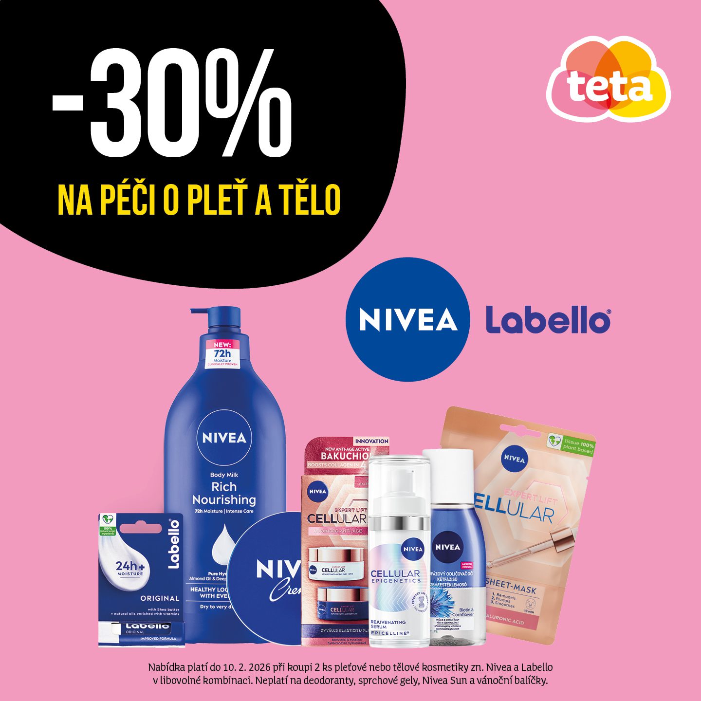 Sleva 30&nbsp;% na sortiment péče o&nbsp;pleť a&nbsp;tělo Nivea a&nbsp;Labello
