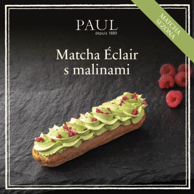 obrázek obsahuje: Matcha Éclair s malinami