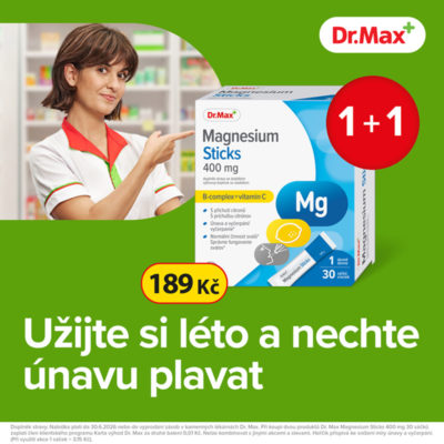 obrázek obsahuje: Dr. Max Magnesium Sticks 400mg  30 sáčků, 1 plus 1