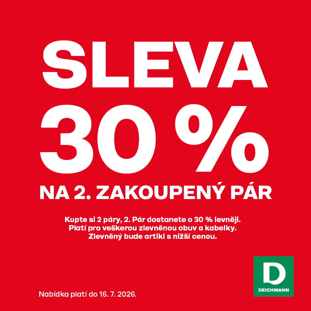 Sleva 30 % na 2. zakoupený pár. Akce platí na zlevněnou obuv a kabelky.