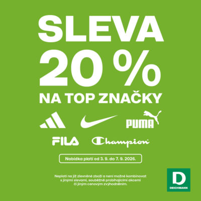 obrázek obsahuje: Sleva 20 % na vybrané modely značky Fila, Puma, Adidas, Nike a Champion
